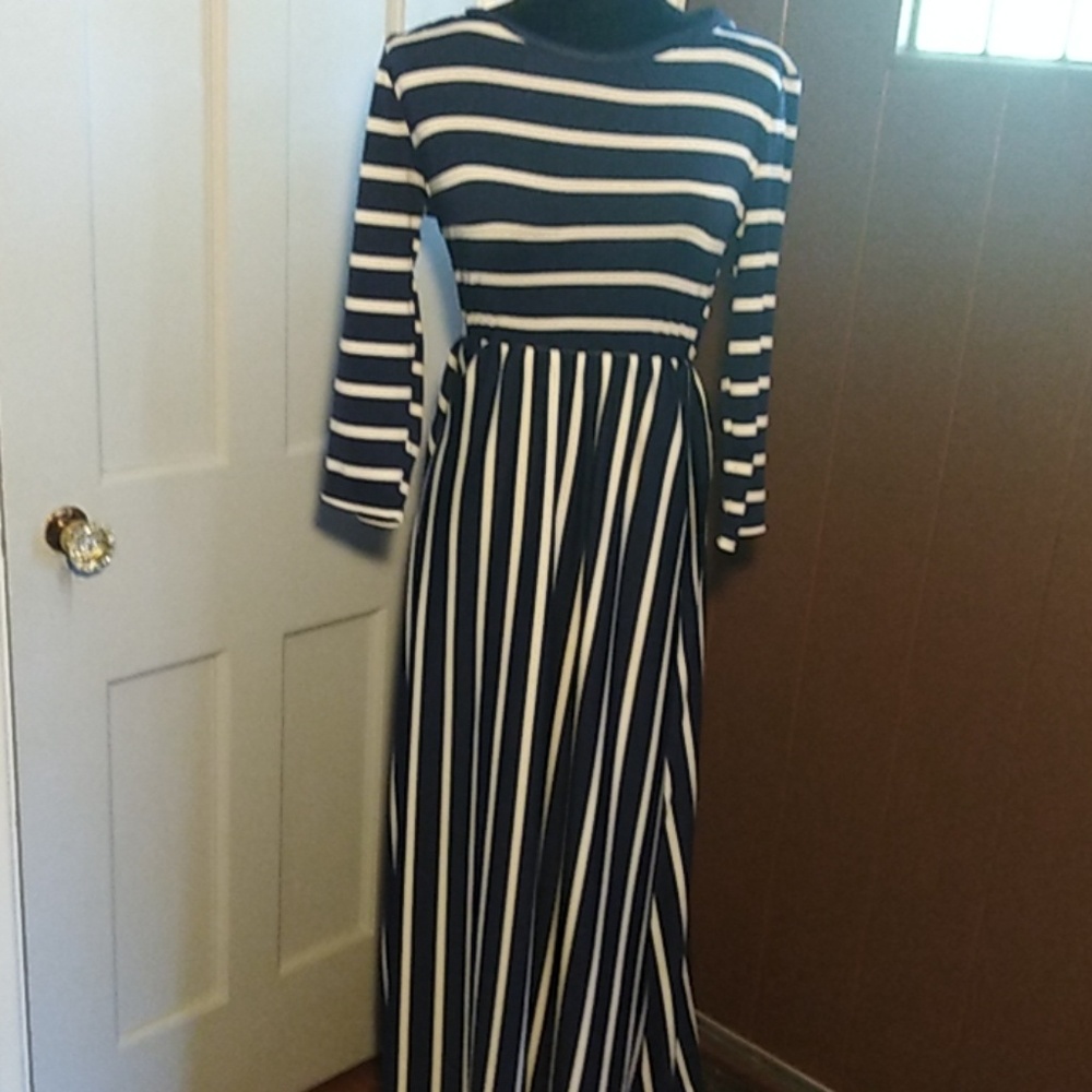 Navy and white striped long sleeved maxi dress